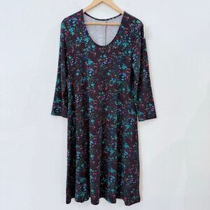 Garnet Hill Women's Small 3/4 Sleeve Purple Blue Red Floral Knit Trapeze Dress